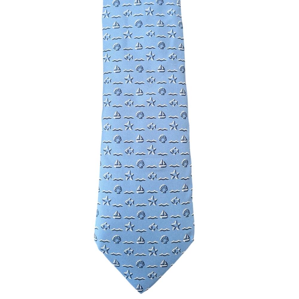 Vintage Hermès 100% Silk Men's Blue Tie With Seashells, Starfish, Waves & Boats